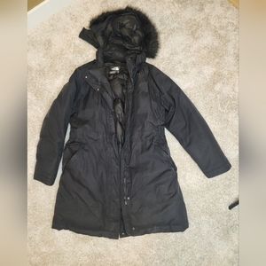 Womens North face long black jacket with fur color
